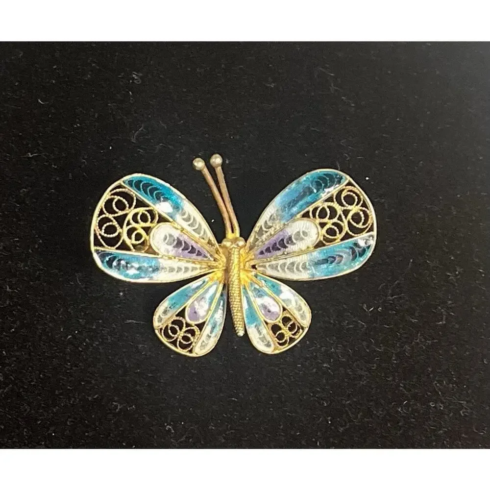 Vintage 800 Silver Filigree Enamel Butterfly Brooch Pin Blue Purple Gold Tone